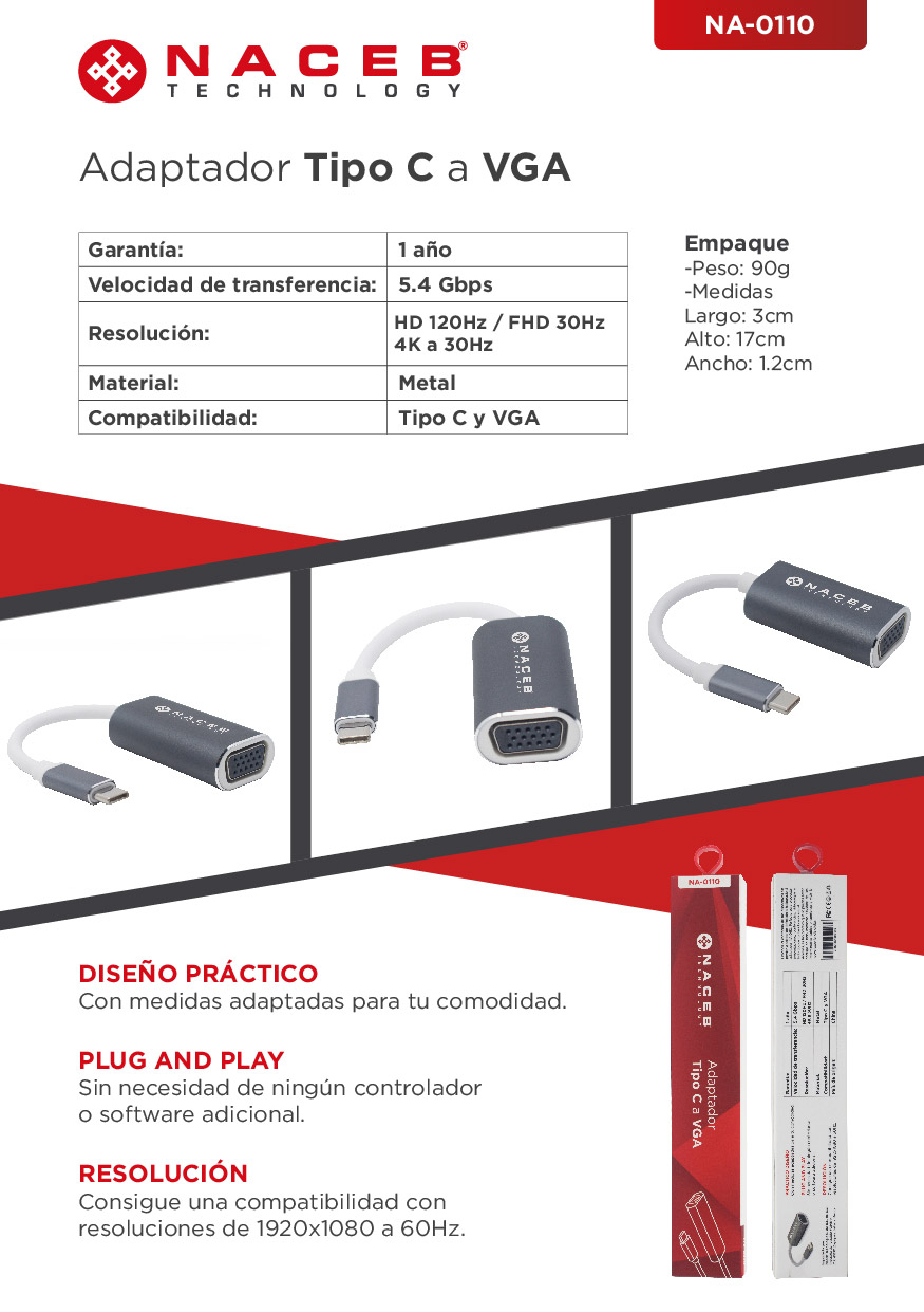 Adaptador Tipo C a VGA Naceb Technology NA-0110