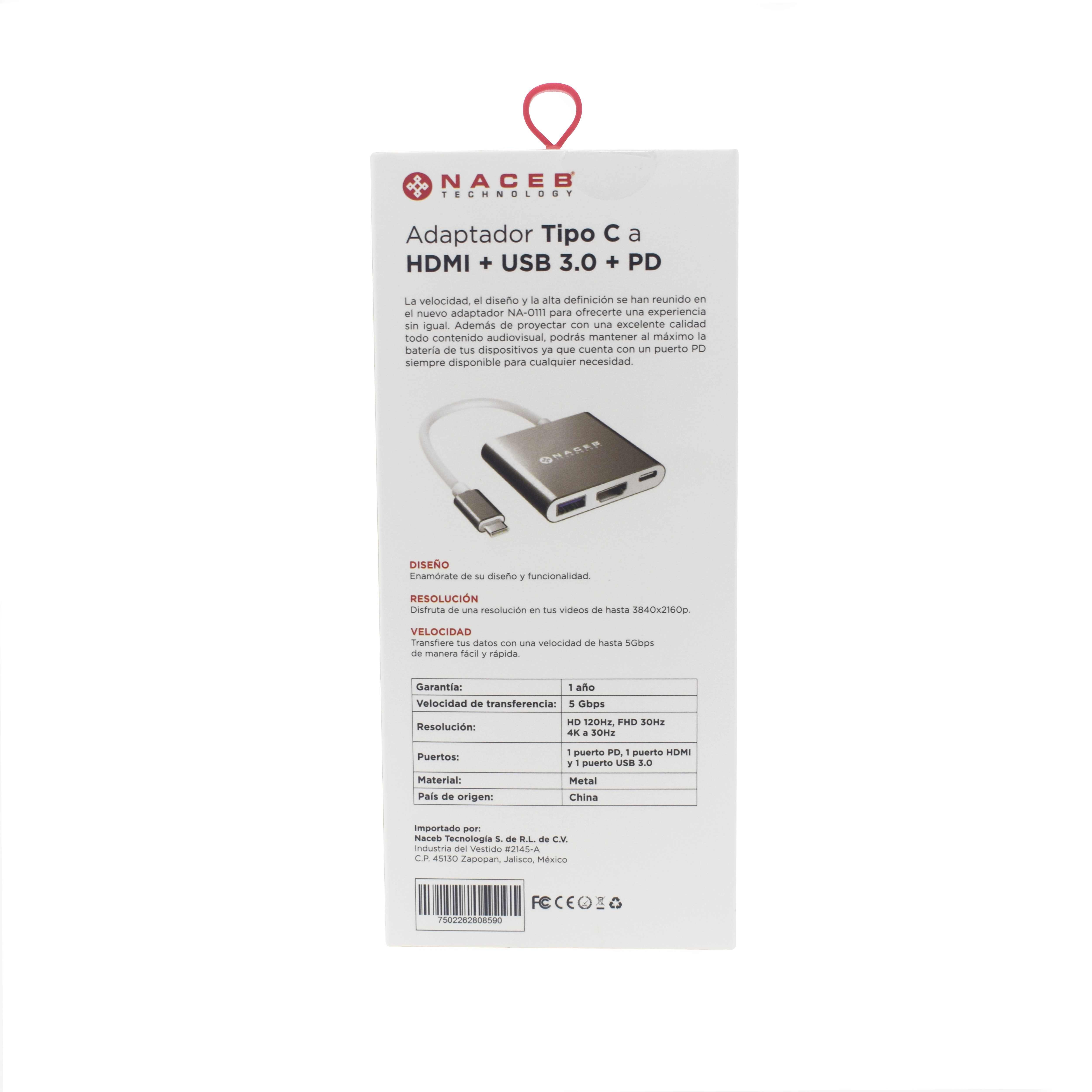 Adaptador Tipo C a HDMI + USB 3.0 + PD Naceb Technology NA-0111